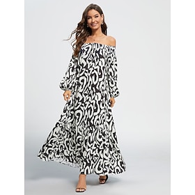 Satin Abstract Graffiti Print Off Shoulder Maxi Dress