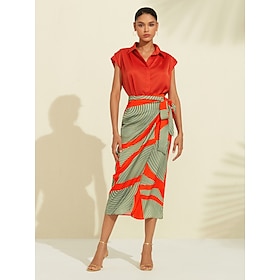 Satin Solid Color Shirt Printed Skirt Set