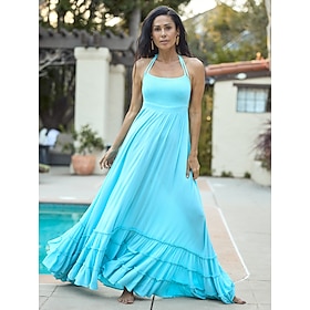 Women's Resort Maxi Dress Smocked Waist Blue Elegant Halter Neck Cami Maxi Dress Beach Cover Up