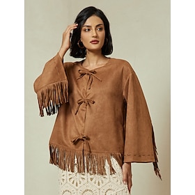 Suede Fringed Flare Cuff Sleeve Jacket