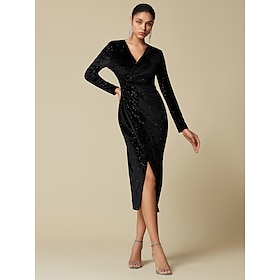 Black Sequin Velvet Party/Wedding Guest Ruched Split V Neck Long Sleeve Midi Dress dress to impress 2024